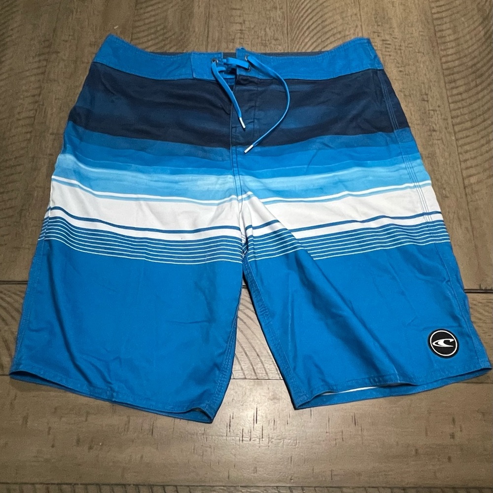 O'Neill blue white striped Surf Swim Board Shorts MENS SZ 34 EXCELLENT!